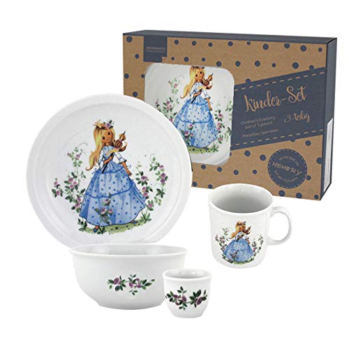 Kindergeschirr 5-teilig Dornröschen, Porzellan Kindergeschirr mit Kinderteller flach, Kinderteller tief, Kindertasse, Müslischale, Eierbecher, Geschirr, Gedeck, Kinderservice, Märchen von OLShop AG