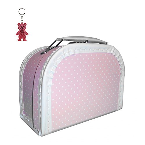 OLShop AG Kinderkoffer (mit Borde) Pappe rosa mit Kleinen weißen Punkten 20 cm inkl. 1 Reflektorbärchen, Malkoffer, Spielzeugkoffer von OLShop AG