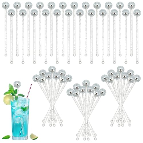 OLYCRAFT 120 Stück Discokugeln Cocktailrührer 20cm Silberfarben Runde Oberseite Spiegel Swizzle Sticks Cocktail Disco Deko Sticks Spiegelkugel Kaffee Getränkerührer Für Bar Party Hochzeit Bankett von OLYCRAFT