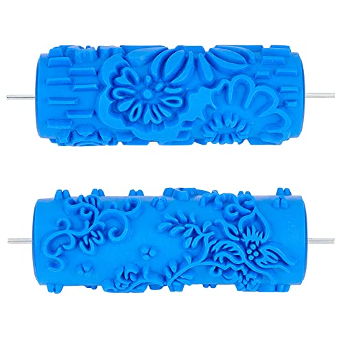 OLYCRAFT 2 Styles 19cm Blumenmuster Malerei Roller Gemusterte Farbwalze Dekorative Gummiwalze Strukturierte Gummiwalzen Wandtextur Schablonenbürste Für Möbel Wand Decke Schränke - Königsblau von OLYCRAFT