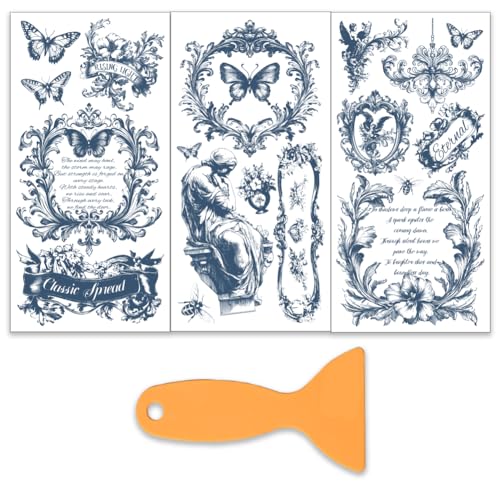 OLYCRAFT 3 Stück/Set Blaue Retro Abziehbilder Zum Aufreiben Für Möbel Und Kunsthandwerk 15x30cm Große Schmetterlings Möbelaufkleber Florale Transferaufkleber Zum Aufreiben Mit 1 Teiligem Schaber von OLYCRAFT