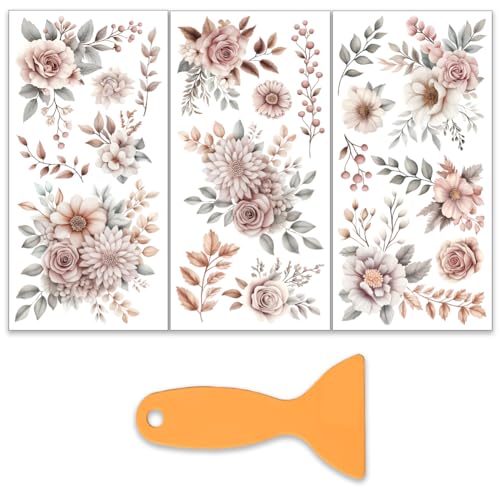 OLYCRAFT 3 Stück/Set Braune Blumen Zum Aufreiben Für Kunsthandwerk Und Möbel 15x30cm Große Möbelaufkleber Mit Rosen Und Zweigen Transferaufkleber Zum Aufreiben Mit 1 Teiligem Schaber Für Holzmöbel von OLYCRAFT
