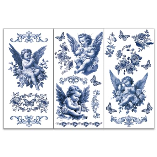 OLYCRAFT 3 Stück/Set Engel Abziehbilder Zum Aufreiben Für Möbel Und Kunsthandwerk 15x30cm Barock Dekor Transferaufkleber Französischer Vintage Blauer Engel Abziehbilder Zum Aufreiben von OLYCRAFT
