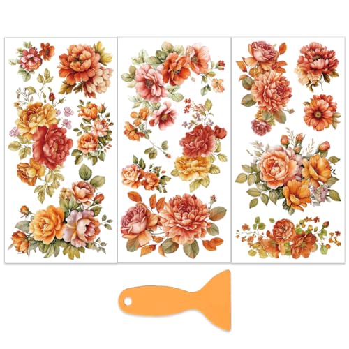 OLYCRAFT 3 Stück/Set Orangefarbene Blumen Transferfolien Zum Aufreiben Für Möbel Und Bastelarbeiten 15x30cm Pfingstrosen Möbelaufkleber Transferaufkleber Zum Aufreiben Mit 1 Teiligem Schaber von OLYCRAFT