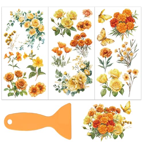 OLYCRAFT 3 Stück/Set Orangefarbene Blumen Transferfolien Zum Aufreiben Für Möbel Und Kunsthandwerk. 15x30cm Gelbe Blumen Möbelaufkleber. Transferaufkleber Zum Aufreiben Mit 1 Teiligem Schaber von OLYCRAFT