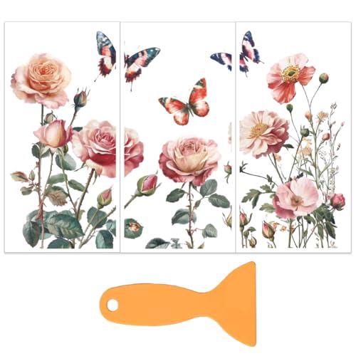 OLYCRAFT 3 Stück/Set Rosa Rosen Transferfolien Zum Aufreiben Für Kunsthandwerk Und Möbel 15x30cm Vintage Blumen Möbelaufkleber Transferaufkleber Zum Aufreiben Mit 1 Teiligem Schaber Für Holzmöbel von OLYCRAFT
