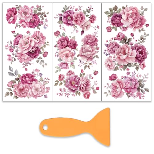 OLYCRAFT 3 Stück/Set Rosa Violette Blumen Transferfolien Zum Aufreiben Für Möbel Und Kunsthandwerk 15x30cm Große Pfingstrosen Möbelaufkleber Transferaufkleber Zum Aufreiben Mit 1 Teiligem Schaber von OLYCRAFT