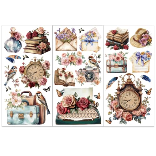 OLYCRAFT 3 Stück/Set Vintage Blumen Zum Aufreiben Für Möbel Und Kunsthandwerk 15x30cm Große Vogel Uhren Und Boxen Möbelaufkleber Transferaufkleber Für Vintage Artikel Zum Aufreiben von Aufklebern von OLYCRAFT