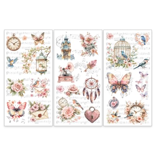 OLYCRAFT 3 Stück/Set Vogel Schmetterling Transferfolien Zum Aufreiben Für Möbel Und Kunsthandwerk 15x30cm Vogelkäfig Uhr Möbelaufkleber Feder Transferaufkleber Abziehbilder Zum Aufreiben von OLYCRAFT