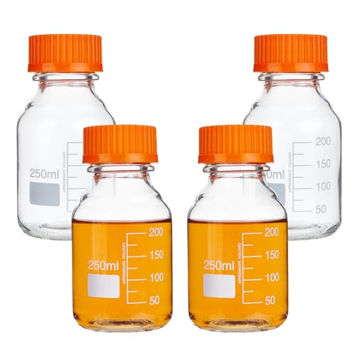 OLYCRAFT 4 Stück 250ml Runde Medien Aufbewahrungsflaschen Mit GL45 Schraubverschluss Borosilikat Aufbewahrungsglasflaschen Wissenschaftliche Runde Graduierte Medienflasche Aus Glas Für Labor 121 °C von OLYCRAFT