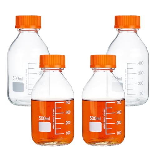 OLYCRAFT 4 Stück 500 ml Runde Medien Aufbewahrungsflaschen Mit GL45 Schraubverschluss Borosilikat Aufbewahrungsglasflaschen Runde Graduierte Medienflasche Aus Glas Für Labor 121 °C von OLYCRAFT