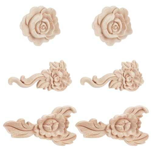 OLYCRAFT 6 Stück 3 Stile Holzapplikationen Geschnitzte Onlay Applikationen Aus Holz Basteln Rosen Formteile Ecken Basteln Unbemalte Möbelapplikationsrahmen Für Möbel Heimdekorationen DIY Projekte von OLYCRAFT