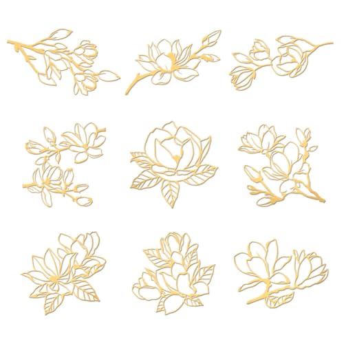 OLYCRAFT 9 Stück 4x4 cm Goldene Metallaufkleber Magnolien-Metallaufkleber Selbstklebende Aufkleber Blumenthema Epoxidaufkleber Blumenpyramidenaufkleber Für DIY-Scrapbooks Epoxidharz-Dekoration von OLYCRAFT