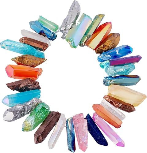OLYCRAFT über 25~26 Stück Quarzkristallperlenstränge Natürliche Quarzkristalle Für Schmuckherstellung Quarzkristallstifte Spikes Stränge Mischfarbe, 13~35x4~6x4~9mm, Bohrung: 12~1.4mm von OLYCRAFT