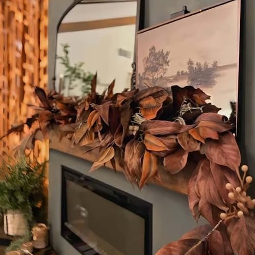 OLYGEE Brown Magnolia Leaf Garland, 6ft Realistic Magnolia Leaf Garland, Resistant Waterproof Fall for Fireplace Mantel, Porch, Thanksgiving and Christmas Home Décor (1pcs) von OLYGEE