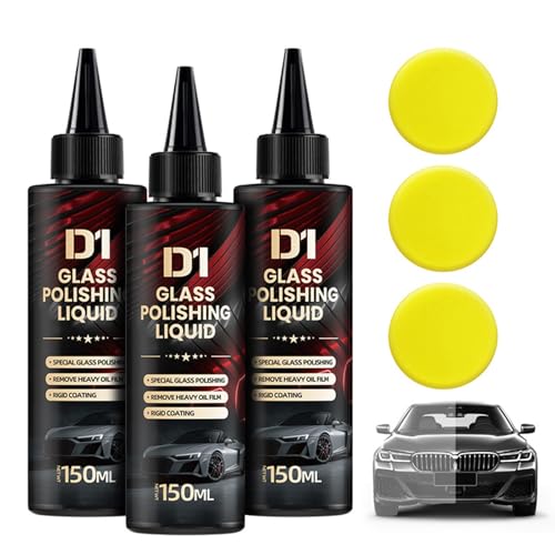 OLYGEE D1 Glass Polishing Liquid, 2025 New Upgrade Glas Oil Film Remover & Anti-Fog Hydrophobic Coating Spray, Removes Scratches & Wiper Marks with Sponge, Easy to Use for Auto Car Glass (3pcs) von OLYGEE