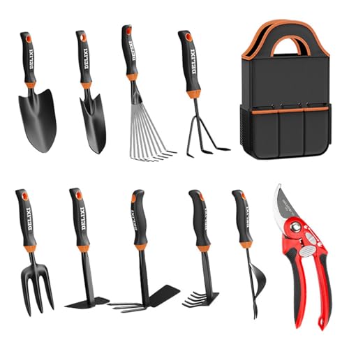 OLYSPM 10-Teiliges Gartengeräte Set,Gartenwerkzeug Set mit 10 Werkzeugen aus Kohlenstoffstahl und 1 Werkzeugtasche für das Ideale Gartengeschenk von OLYSPM