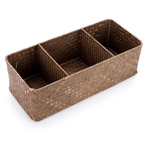 OLegei Aufbewahrungskorb Weidenkorb Regalkorb Flechtkorb Aufbewahrungsbox mit 3 Fächern Tisch Organizer für Theke Schreibtisch Regal (Kaffee) von OLegei