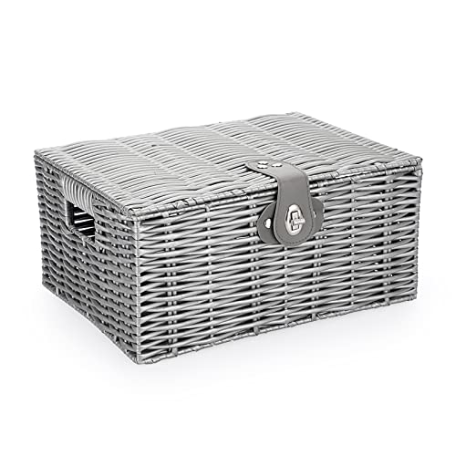 OLegei Aufbewahrungskorb aus Kunststoff geflochten Korb mit Deckel und Schloss Korb für Regal Aufbewahrungsbox Organizer Tisch (33 x 24 x 16 cm, Grau) von OLegei