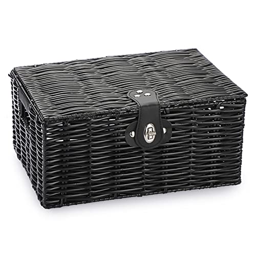 OLegei Aufbewahrungskorb aus Kunststoff geflochten Korb mit Deckel und Schloss Korb für Regal Aufbewahrungsbox Organizer Tisch (33 x 24 x 16 cm, Schwarz) von OLegei