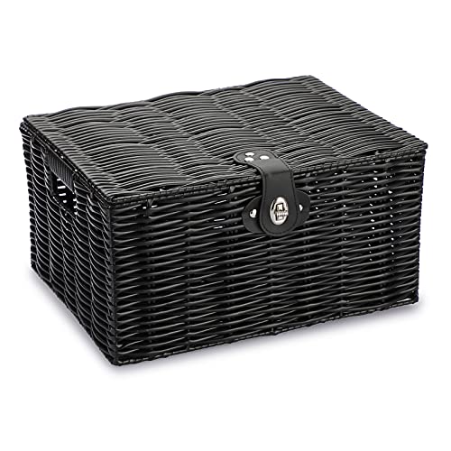 OLegei Aufbewahrungskorb aus Kunststoff geflochten Korb mit Deckel und Schloss Korb für Regal Aufbewahrungsbox Organizer Tisch (36 x 28 x 19 cm, Schwarz) von OLegei