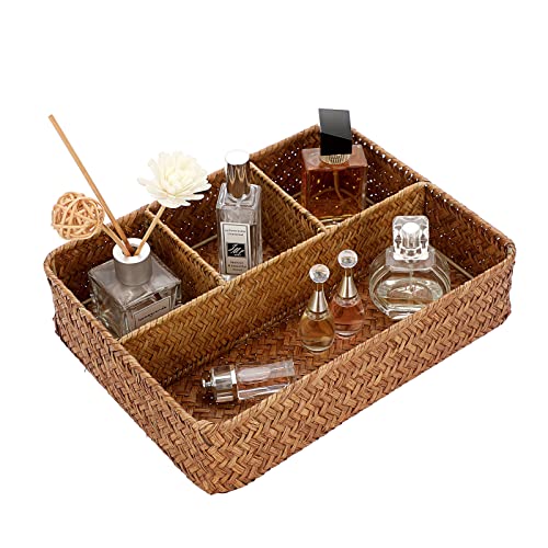 OLegei Aufbewahrungskorb Weidenkorb Regalkorb Flechtkorb Aufbewahrungsbox mit 4 Fächern Tisch Organizer für Theke Schreibtisch Regal (Karamell) von OLegei
