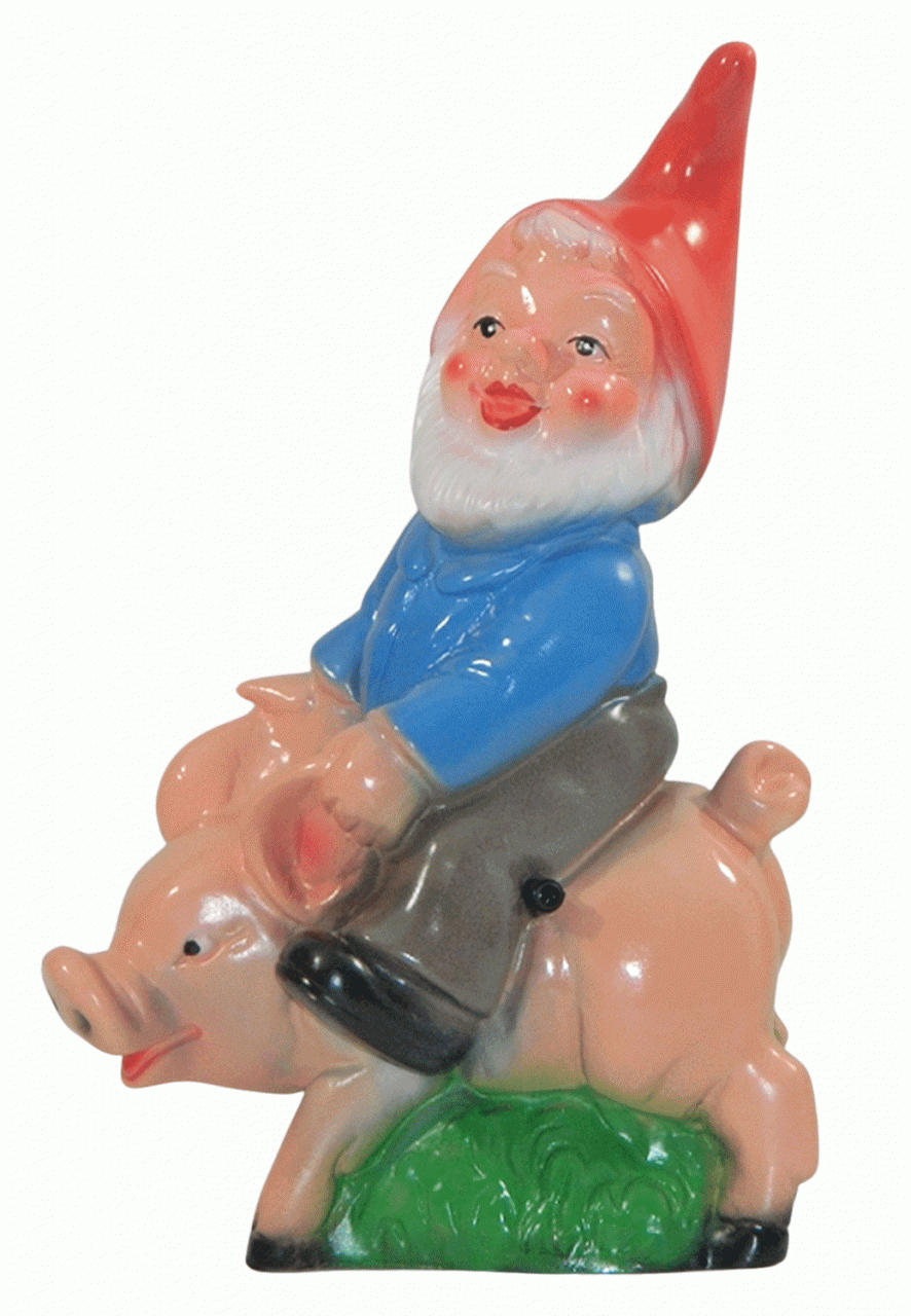 Gartenzwerg auf Schwein mit Bewegungsmelder Grunz-Grunz Figur Zwerg 33 cm aus Kunststoff von OM