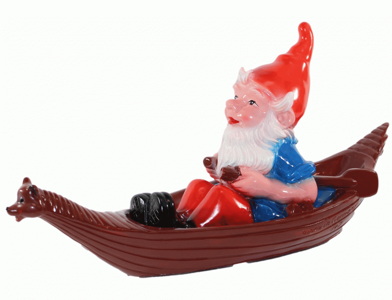 Gartenzwerg im Boot schwimmend Figur Zwerg H 27 cm Teichfigur Gartenfigur aus Kunststoff von OM