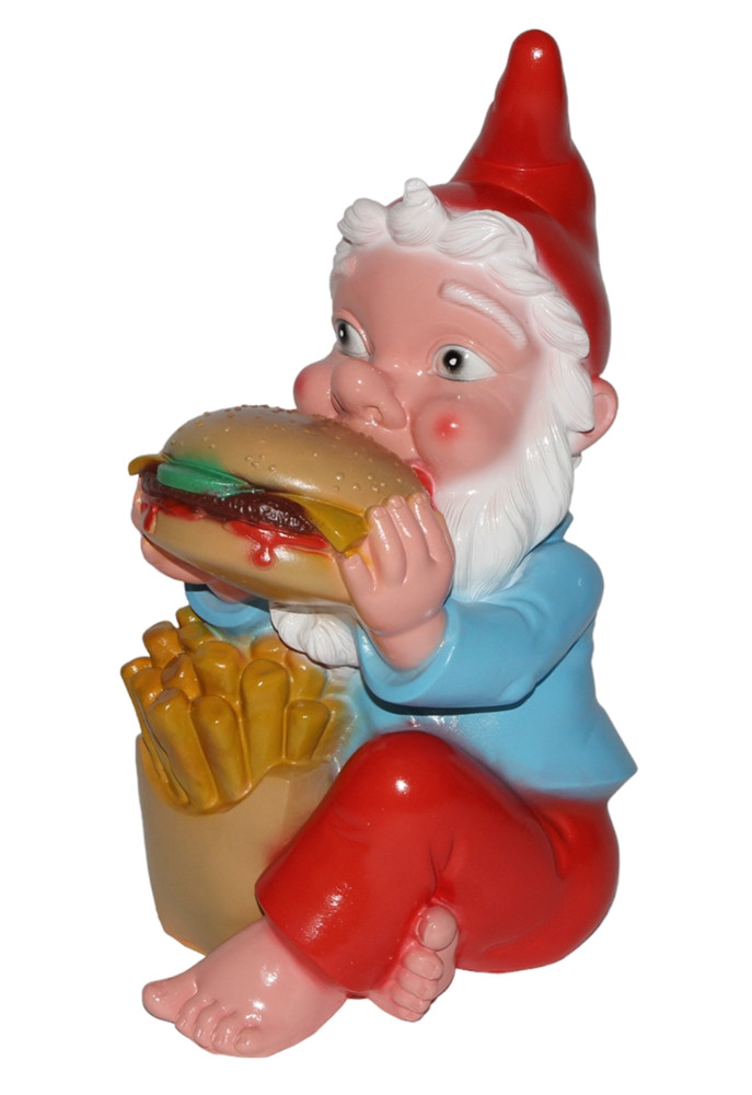Gartenzwerg mit Hamburger und Pommes Figur Lustiger Zwerg H 33 cm Gartenfigur aus Kunststoff von OM