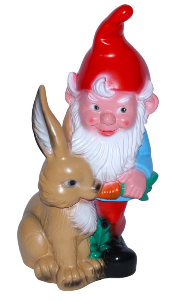 Gartenzwerg mit Hase und Bewegungsmelder Pfiff Figur Zwerg H 35 cm aus Kunststoff von OM