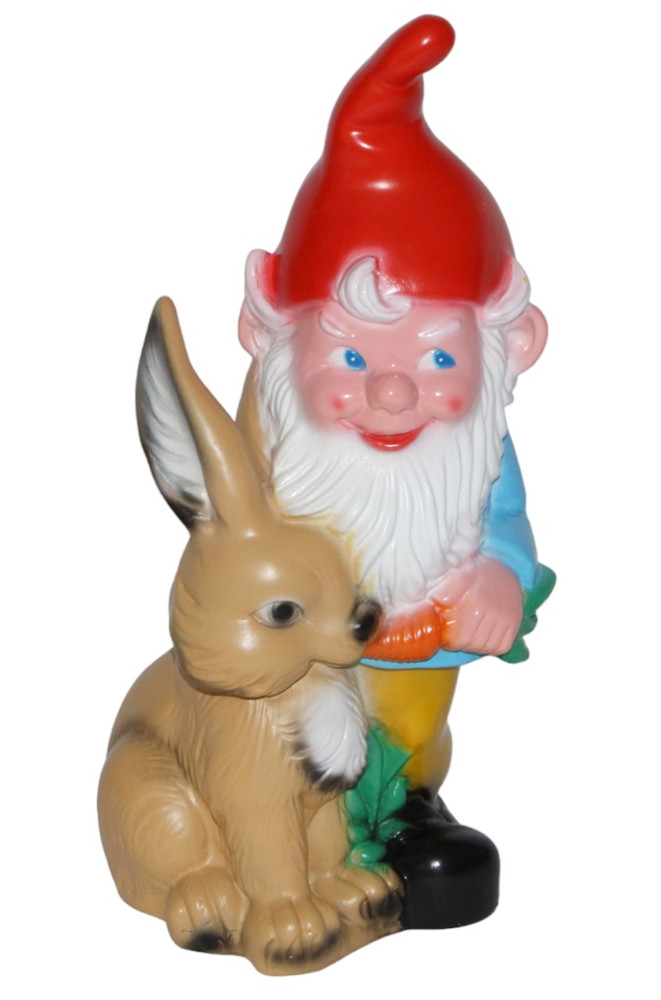 Gartenzwerg Figur Zwerg mit Hase und Karotte H 44 cm stehend Gartenfigur aus Kunststoff von OM