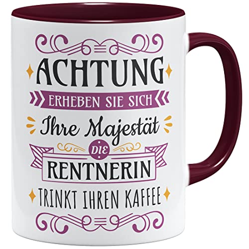 OM3® Abschiedsgeschenk Tasse zum Ruhestand mit lustigem Spruch - Ihre Majestät die Renterin Geschenkidee | Keramik Becher | 11oz 325ml | Beidseitig Bedruckt | Bordeaux von OM3