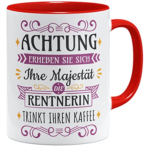 OM3® Abschiedsgeschenk Tasse zum Ruhestand mit lustigem Spruch - Ihre Majestät die Renterin Geschenkidee | Keramik Becher | 11oz 325ml | Beidseitig Bedruckt | Rot von OM3