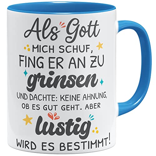 OM3® Als Gott Mich Schuf fing er an zu Grinsen Tasse mit Spruch | Keramik Becher | 11oz 325ml | Beidseitig Bedruckt | Hellblau von OM3