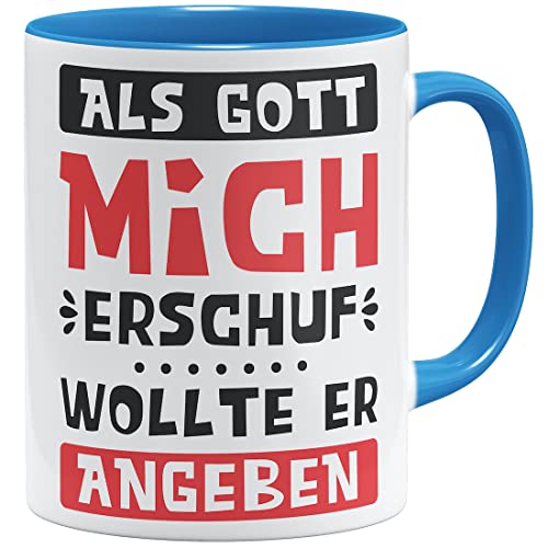 OM3® Als Gott Mich erschuf wollte er angeben Tasse mit Spruch II | Keramik Becher | 11oz 325ml | Beidseitig Bedruckt | Hellblau von OM3