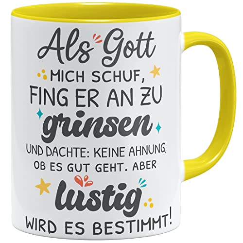 OM3® Als Gott Mich Schuf fing er an zu Grinsen Tasse mit Spruch | Keramik Becher | 11oz 325ml | Beidseitig Bedruckt | Gelb von OM3