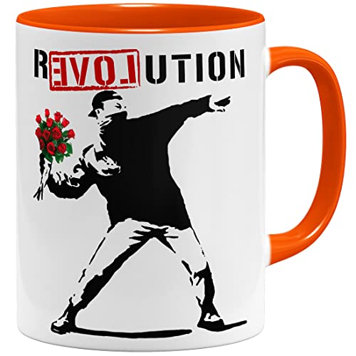 OM3® Love Revolution Banksy Tasse Statement | Keramik Becher | 11oz 325ml | Beidseitig Bedruckt | Orange von OM3