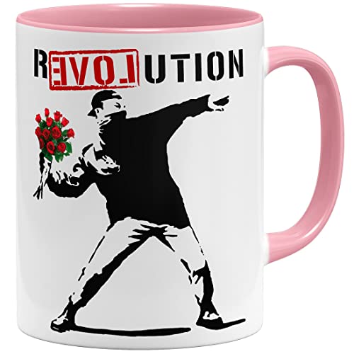 OM3® Love Revolution Banksy Tasse Statement | Keramik Becher | 11oz 325ml | Beidseitig Bedruckt | Rosa von OM3