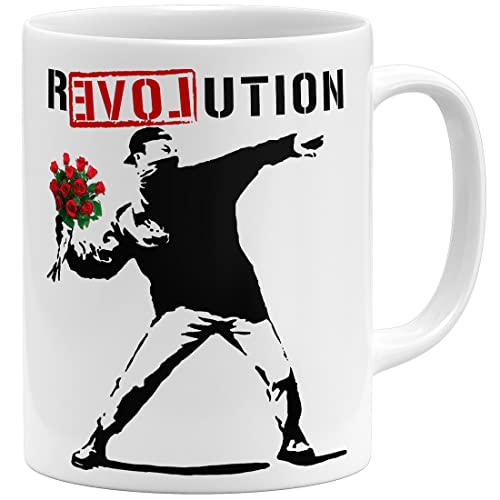 OM3® Love Revolution Banksy Tasse Statement | Keramik Becher | 11oz 325ml | Beidseitig Bedruckt | Weiss von OM3