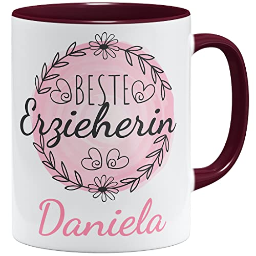 OM3® Beste Erzieherin Tasse als Danke zum Abschied personalisierte Geschenke Namen personalisierbar | Keramik Becher | 11oz 325ml | Beidseitig Bedruckt | Bordeaux von OM3