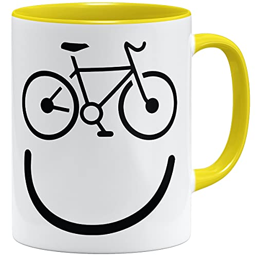 OM3® Bicycle Happy Smile Fahrrad Tasse | Keramik Becher | 11oz 325ml | Beidseitig Bedruckt | Gelb von OM3