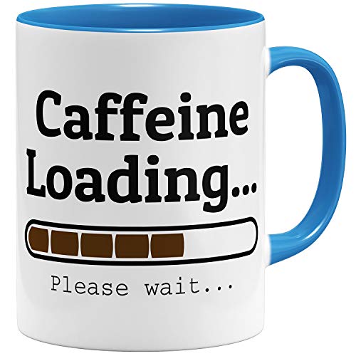 OM3® Caffeine Loading Kaffee Statement Tasse mit Spruch | Keramik Becher | 11oz 325ml | Beidseitig Bedruckt | Hellblau von OM3