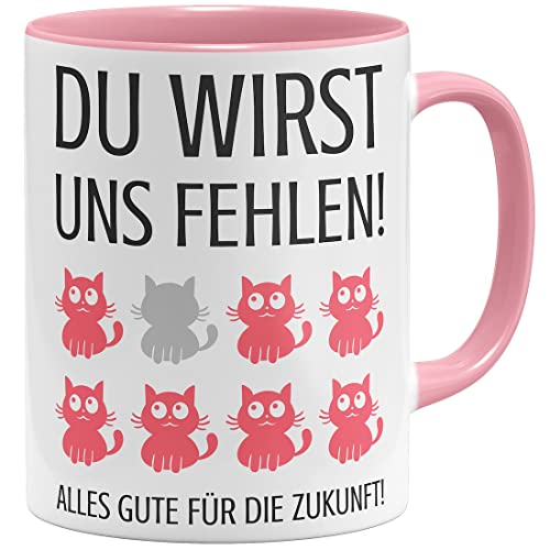 OM3® Du wirst uns fehlen - Abschied Tasse Abschiedsgeschenk für Kollegen Jobwechsel Kollegin | Keramik Becher | 11oz 325ml | Beidseitig Bedruckt | Rosa von OM3