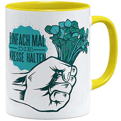 OM3® Einfach Mal Die Kresse Halten Tasse mit Spruch Statement | Keramik Becher | 11oz 325ml | Beidseitig Bedruckt | Gelb von OM3