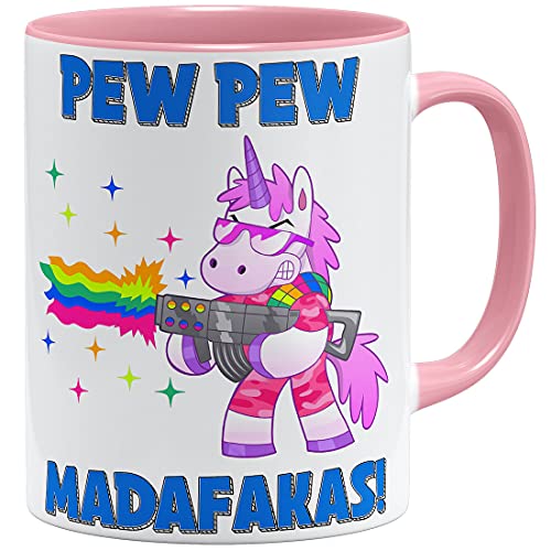 OM3® Einhorn Regenbogen Pew Pew Madafakas Tasse mit Spruch - Statement | Keramik Becher | 11oz 325ml | Beidseitig Bedruckt | Rosa von OM3