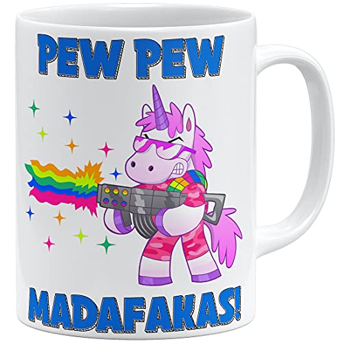 OM3® Einhorn Regenbogen Pew Pew Madafakas Tasse mit Spruch - Statement | Keramik Becher | 11oz 325ml | Beidseitig Bedruckt | Weiss von OM3