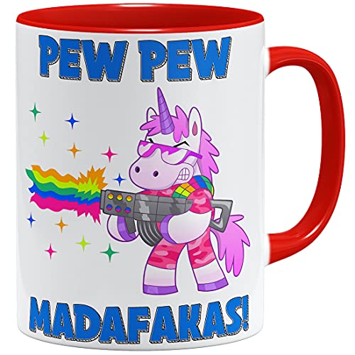 OM3® Einhorn Regenbogen Pew Pew Madafakas Tasse mit Spruch - Statement | Keramik Becher | 11oz 325ml | Beidseitig Bedruckt | Rot von OM3