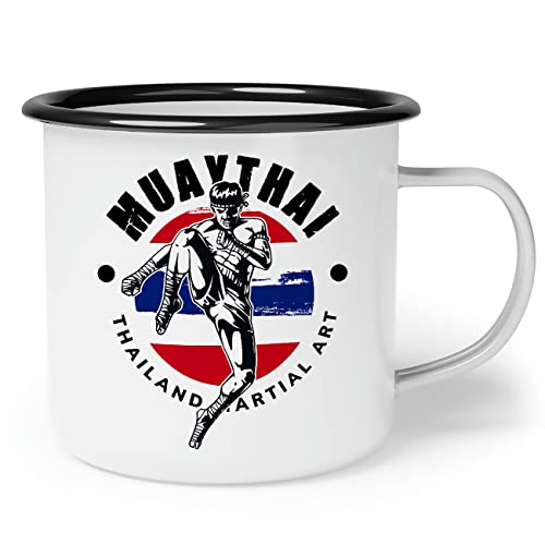 OM3® Emaille-Tasse mit Muay-Thai Fighter Tailand Martial Arts Fight Boxing Club | Emailletasse Emaille Becher | 12oz 300ml | Beidseitig Bedruckt | Weiß-Schwarz von OM3