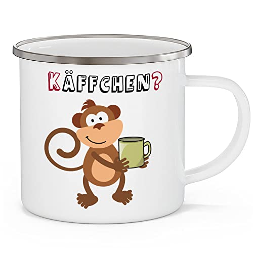 OM3® Emaille-Tasse mit Spruch - Käffchen AFFE Kaffee Äffchen | Emailletasse Emaille Becher | 12oz 300ml | Beidseitig Bedruckt | Weiß-Metall von OM3