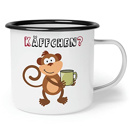 OM3® Emaille-Tasse mit Spruch - Käffchen AFFE Kaffee Äffchen | Emailletasse Emaille Becher | 12oz 300ml | Beidseitig Bedruckt | Weiß-Schwarz von OM3